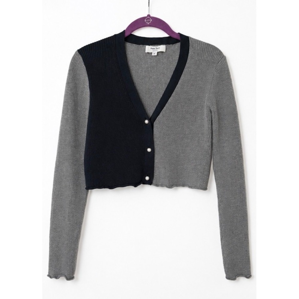 Peter Som Collective Colorblock Cropped Cardi Black Grey Pearl Button Womens M